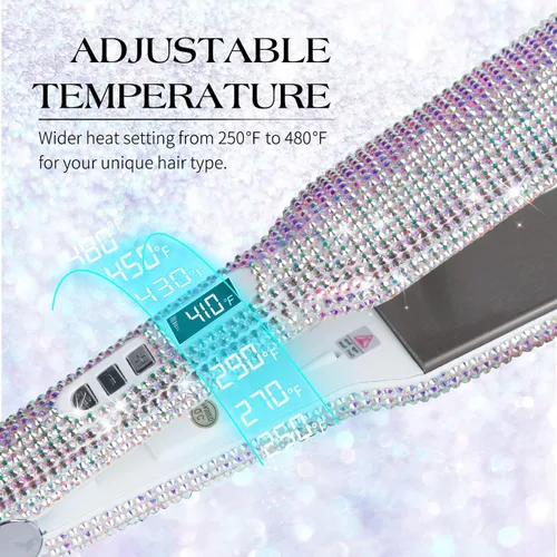 Vista 4 de DORISILK Crystal Diamond - Plancha de pelo de titanio, plancha plana de diamantes de imitación de 2 pulgadas, plancha alisadora de doble voltaje