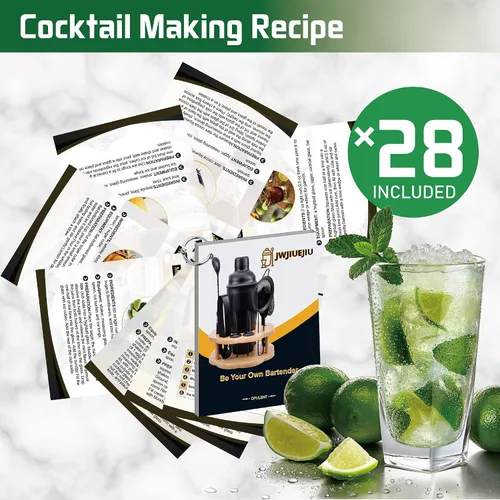 Vista 7 de Juego de coctelera para barman con soporte giratorio de bambú, juego de 11 piezas de accesorios de bar de acero inoxidable para mezclar bebidas