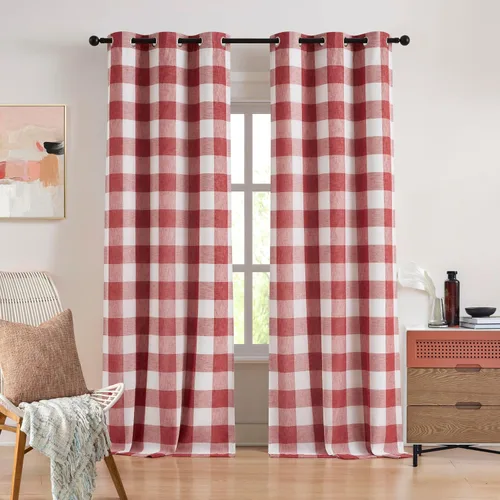 Vista 11 de Cortinas cortas de lino texturizado con diseño de búfalo blanco y negro a cuadros, 100% opacas con forro, paneles de estilo granja