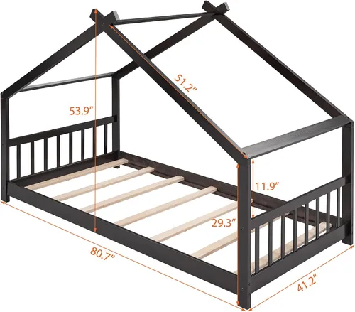 Vista 2 de Merax Camas Montessori de madera para niños con cabecero, marco de cama de suelo para niños y niñas, no necesita somier (individual, espresso)