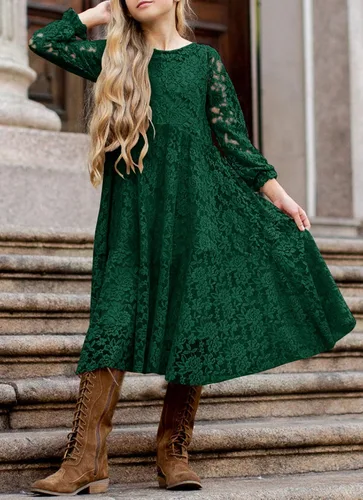Vista 5 de Ferlema Vestido largo de encaje con volantes y manga 34 para niñas de 6 a 12 años