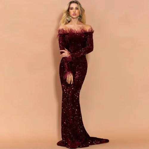 Vista 3 de Vestido de noche para mujer largo hasta el suelo sin hombros sin espalda de manga larga con plumas y lentejuelas para fiestas y matrimonios