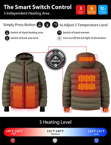 Vista 4 de iHood Men's Heated Jacket With 12V Battery Pack-Insulated Lightweight Hooded Hand-Heating Electric Heated Puffer Jacket
