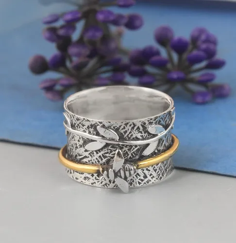 Vista 2 de Anillo giratorio de plata de ley con diseño de hoja de meditación de abeja de miel y abeja