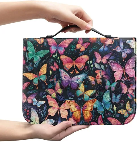 Vista 2 de Flashideas Funda de transporte ligera de la Biblia de la PU para las mujeres, cubierta de la Biblia de moda con asa para el estudio de Mariposa