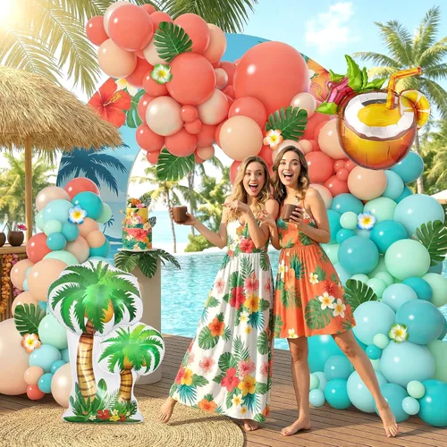 Vista 6 de Amandir Kit de guirnalda de arco de globos tropicales de 165 piezas, azul aguamarina, coral, rojo, rubor, verde pastel, globos de coco, hojas