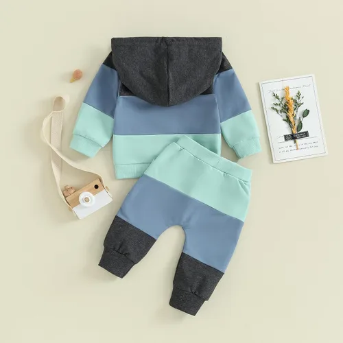 Vista 4 de Conjunto de pantalones para bebés y niños, sudadera larga con capucha y bloques de color, conjunto de ropa para otoño e invierno