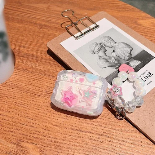 Vista 4 de MINSCOSE Funda transparente compatible con Airpods Pro 2, bonito diseño de estrellas 3D con llavero de corazón de amor, funda protectora de TPU