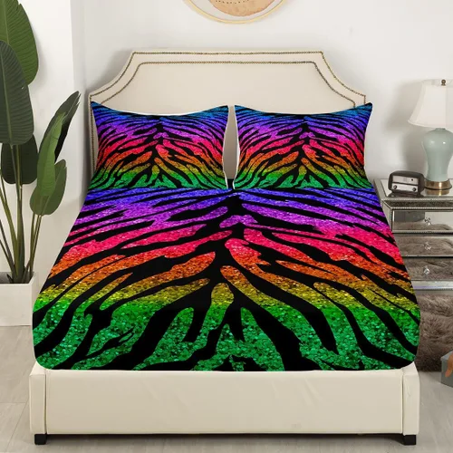 Vista 3 de Manfei Juego de sábanas con estampado de cebra, tamaño individual, con estampado de animales y arcoíris, para decoración de habitación de niños