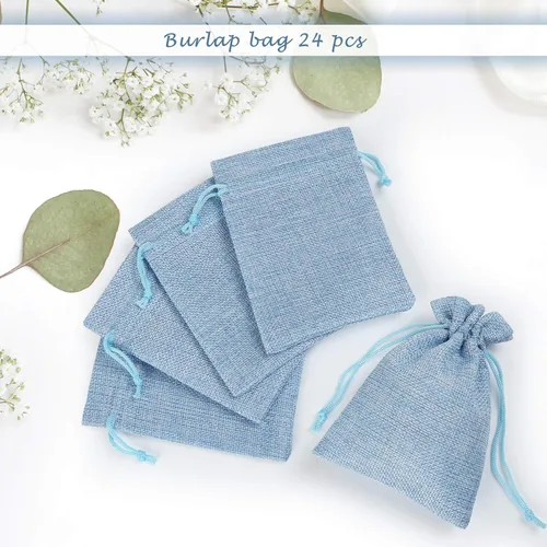 Vista 4 de Naler 24 bolsas de arpillera de 3.9 x 5.5 pulgadas con cordones, bolsas de regalo de lino, bolsas de joyería para bodas, recuerdos de fiesta, Azul