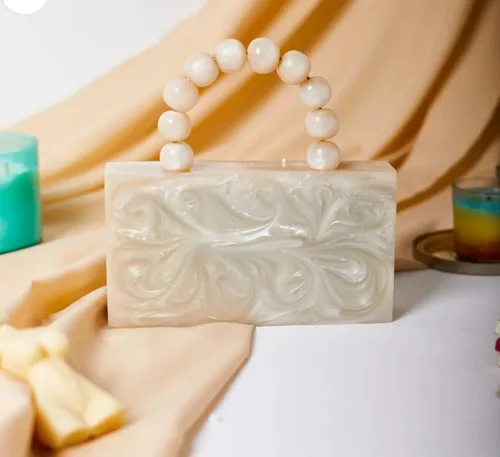 Vista 6 de ACCEDO Bolso de mano de mármol acrílico de lujo para mujer, bolso formal de noche, fiesta, novia, boda, bolso de mano para mujeres y niñas, blanco