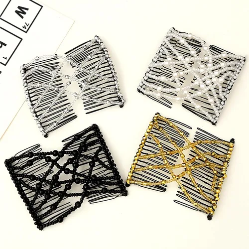 Vista 3 de NICENEEDED 4 peines mágicos para el cabello, pinzas elásticas con cuentas dobles para cabello rizado, grueso y fino, perlas, horquillas
