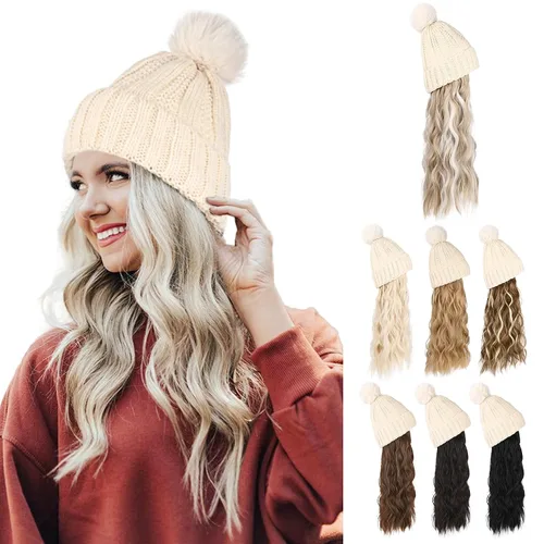 Vista 10 de Flufymooz Gorro con peluca, extensión de pelo con gorro de piel sintética con pompón largo ondulado rizado, peluca con gorro adjunto de 20 pulgadas
