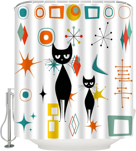 Vista 7 de Mid Century Atomic Cat Modern Shower Curtain Abstract Geometric Teal Orange Yellow Black Cat Retro 50S White Fabric Bathroom Curtain Set with Hook
