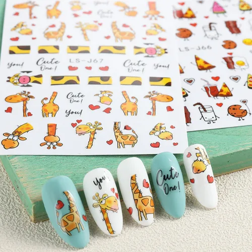 Vista 5 de 6 hojas de calcomanías de uñas de jirafa de dibujos animados 3D, calcomanías autoadhesivas lindas Kawaii para arte de uñas de pizza, bocadillos