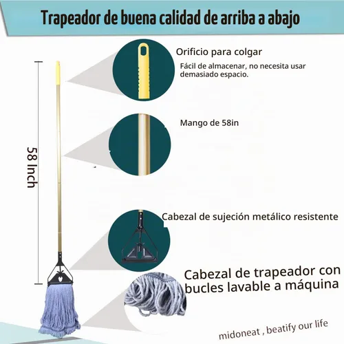 Vista 2 de Midoneat Trapeador industrial comercial de alta resistencia con mango largo, mopas de algodón húmedo de cuerda de extremo en bucle de 58 pulgadas
