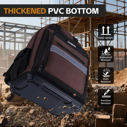 Vista 4 de Mochila para herramientas, mochila resistente con base moldeada impermeable, paquete de trabajo para electricistas con múltiples bolsillos