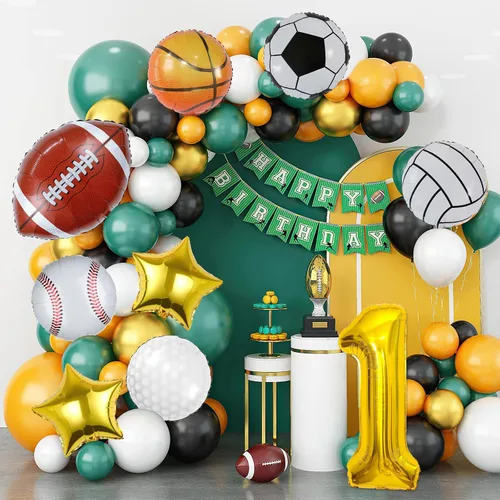 Vista 6 de 9 globos deportivos, fútbol, baloncesto, béisbol, voleibol, golf y fútbol, globo de aluminio de Mylar con número de cumpleaños deportivo