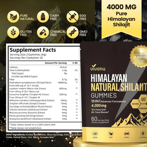 Vista 8 de Gomitas Shilajit, Shilajit para hombres y mujeres Fórmula 10 en 1 de alta potencia de 4000 mg con shilajit puro del Himalaya, Ashwagandha y 75%