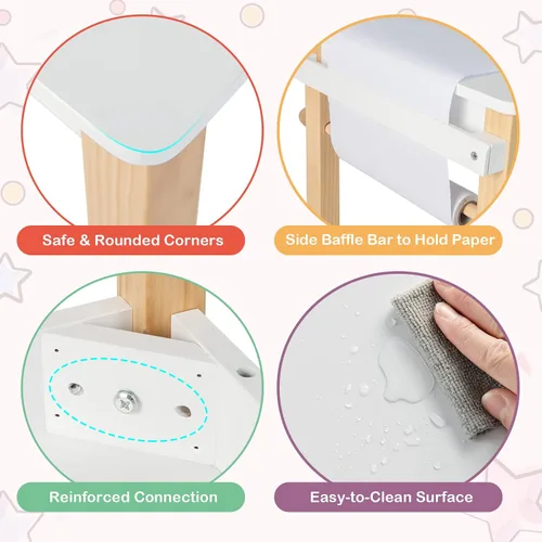 Vista 6 de Costzon Juego de mesa y silla para niños, mesa de arte con rollo de papel, cajón, 2 rotuladores, mesa de actividades de madera, adecuada para sala