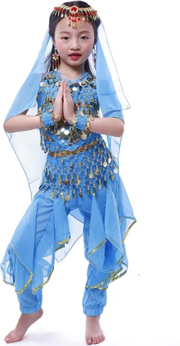 Vista 2 de Astage Disfraz de genio para niñas, disfraz de princesa árabe de la India, danza del vientre
