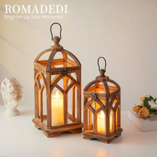 Vista 2 de Romadedi Farol de vela de madera de granja, juego de 2 candelabros decorativos de madera rústica, decoración del hogar, mesa de boda, centro