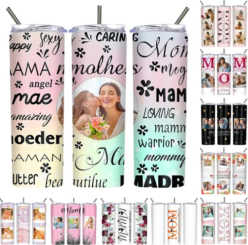 Vista 30 de Regalos para el Día de la Madre, vaso personalizado con foto de mamá, vasos delgados con tapa de nombre y pajita, 20 onzas, taza de café de viaje