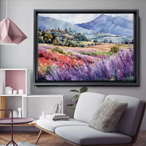 Vista 3 de Fields of Lavender, Watercolor Provence Landscape and Lavender Field - Watercolor Painting of Serene Beauty