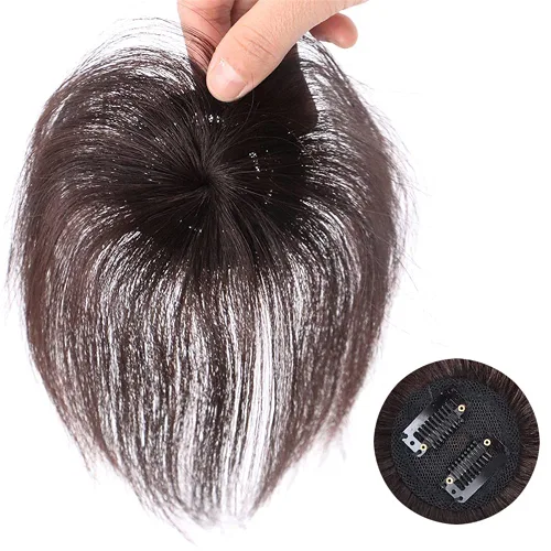 Vista 3 de Mini adorno de cabello humano real para mujer, extensiones de pelo lacio con clip para pérdida de cabello leve, base de seda, 2 clips, 6.7 in