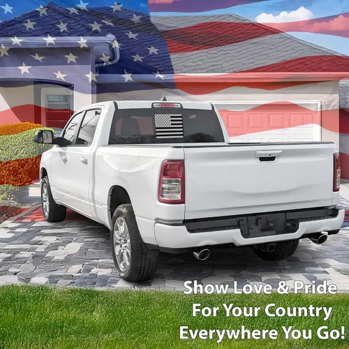 Vista 2 de BOGAR TECH DESIGNS calcomanía de vinilo con bandera americana para ventana trasera central compatible con Dodge Ram 2009-2025, mate negro