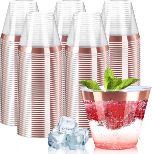 Vista 13 de Byvivace Vasos de plástico transparente de 12 onzas con borde dorado, resistentes y aptos para alimentos, desechables, copas de vino, copas de boda