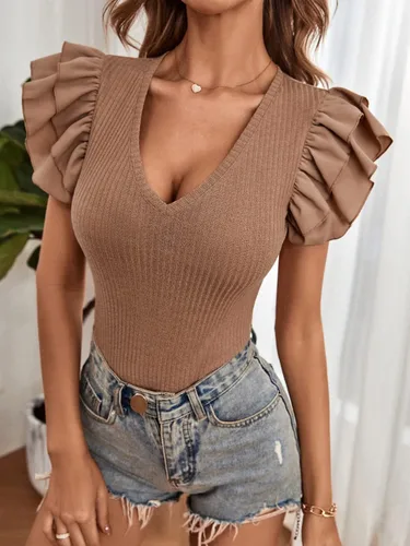 Vista 3 de Romwe - Body elástico para mujer, cuello en V, manga de malla con holanes.