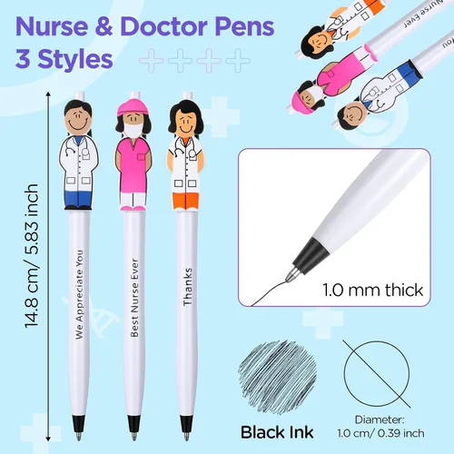 Vista 2 de 60 bolígrafos lindos para enfermera y lindo bolígrafo de doctor, 3 estilos de agradecimiento y cuidado de 0.039 in, divertidos bolígrafos de tinta