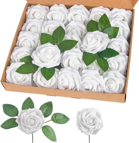 Vista 13 de homEdge Rosa Artificial, 25 piezas de flores artificiales de espuma con tallo para decoraciones del hogar, ramos de boda, fiesta, centros de mesa