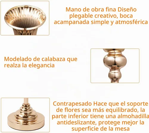 Vista 4 de Jarrones altos dorados versátiles de 32.2 pulgadas de altura para centros de mesa, jarrones de trompeta de metal para centros de mesa de bodas