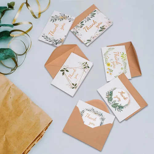 Vista 6 de Tarjetas de agradecimiento con sobres de papel kraft y calcomanías a juego, 100 tarjetas de agradecimiento de plantas verdes, tarjetas