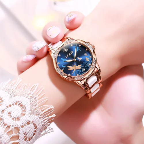 Vista 4 de OLEVS Elegante reloj automático para mujer, elegante, de cara grande, con diamante, resistente al agua, correa de cerámica de acero inoxidable