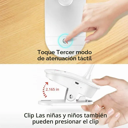 Vista 5 de Lámpara de lectura con clip, funciona con pilas con 3 niveles de brillo, recargable por USB