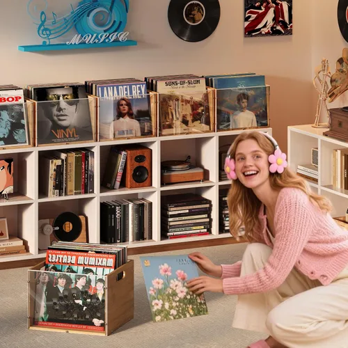 Vista 10 de Caja de almacenamiento para álbumes de discos, caja de discos de vinilo de bambú y acrílico, caja multifuncional con soporte visible para discos
