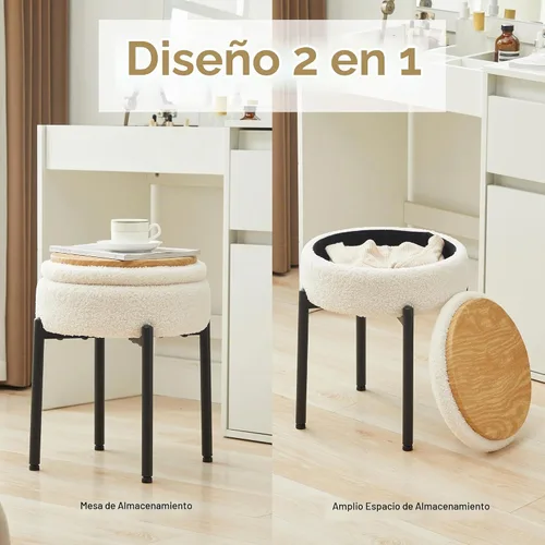 Vista 4 de Taburete de tocador con almacenamiento, taburete de maquillaje multifuncional y mesa auxiliar de terciopelo de peluche, sillas de almacenamiento