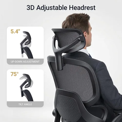Vista 11 de Silla de oficina ergonómica con reposabrazos abatibles, soporte lumbar ajustable, silla de computadora con respaldo de malla transpirable, sillas