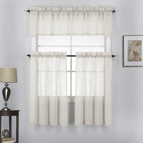 Vista 13 de Juego de 3 cortinas de lino con textura para ventana de cocina y cafetería, 24 pulgadas de largo, color negro