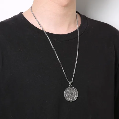 Vista 2 de HZMAN Collar de acero inoxidable vikingo valknut Kolovrat con colgante de rueda de sol eslava para hombres y niños, regalo de joyería, Acero