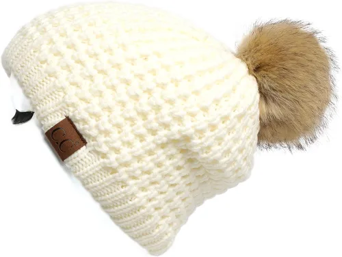 Vista 77 de Gorro unisex liso con pompón y ribete (HAT-43) de C.C Hatsandscarf Exclusives Marfil