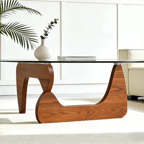 Vista 7 de Mesa de centro para sala de estar, mesa de centro pequeña con parte superior de vidrio templado triangular y patas de madera, mesas de centro