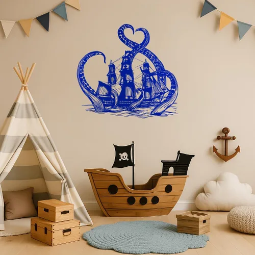 Vista 4 de Calcomanía grande de vinilo para pared, tentáculos de pulpo, barco pirata, decoración de habitación, baño, océano, aventura, temática de niños