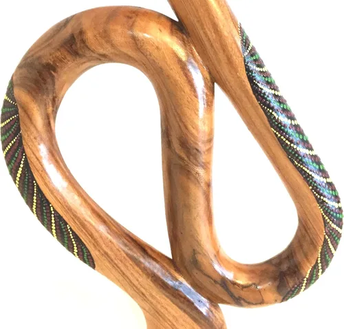 Vista 9 de Didgeridoo en forma de S de madera de caoba de JIVE – Tallado a mano, pintado a mano, tamaño de viaje con tono resonante profundo, popular