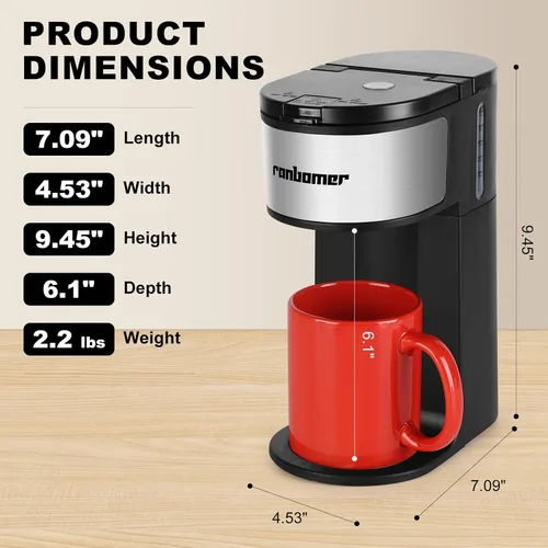 Vista 3 de Ranbomer Cafetera K Cup, cafetera de una sola porción o máquina de café molido 2 en 1, tamaños de preparación de 6 a 14 onzas, mini cafetera de una