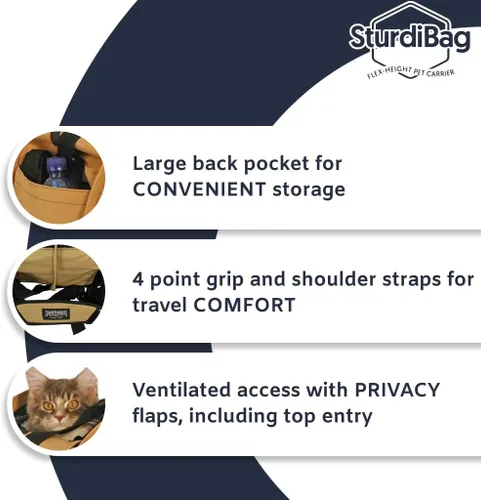 Vista 3 de SturdiBag XL - Transportador de viaje para mascotas: altura flexible para gatos y perros, lados suaves con clips de seguridad y correas