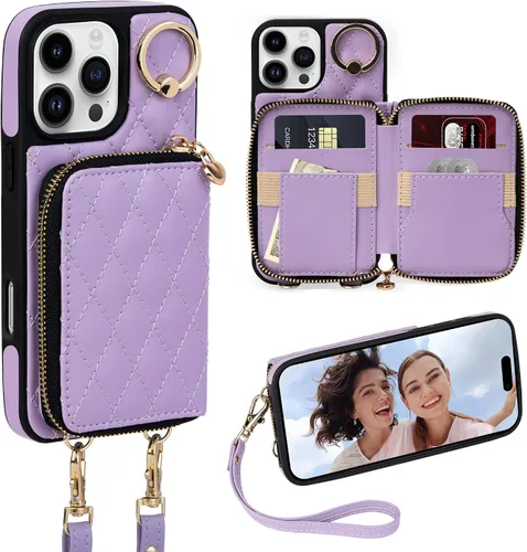 Vista 13 de Funda para iPhone 12 Pro/iPhone 12 de 6.1 pulgadas, cartera cruzada con cremallera para mujer, tarjetero con bloqueo RFID, funda de cuero con Negro